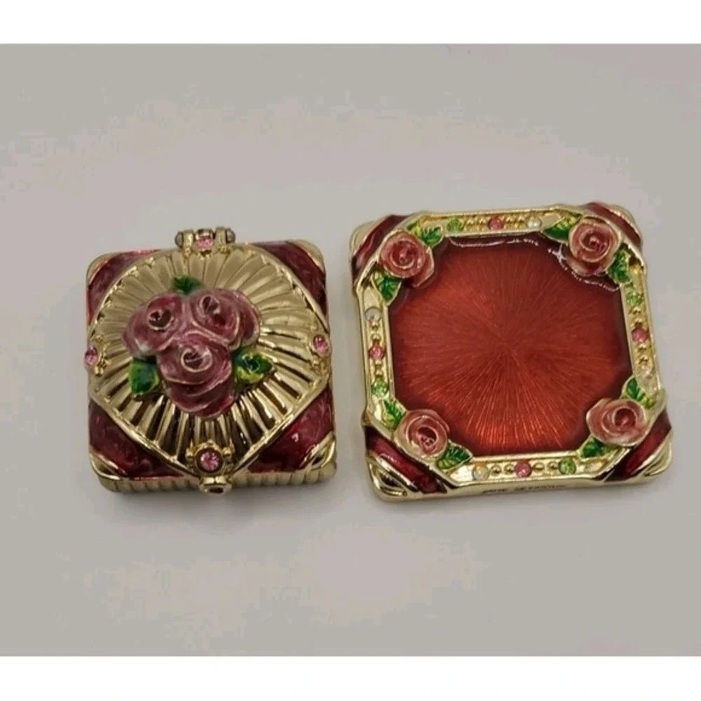Jane Seymour Gift Present Trinket Pill Jewlery‎ Box & Mirror. Enamel Rose Flower